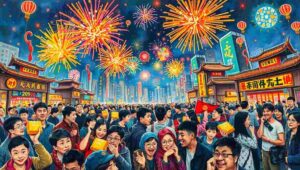 Vibrant Lunar New Year fireworks exploding over Hong Kong's Victoria Harbour with gold ingot shapes.