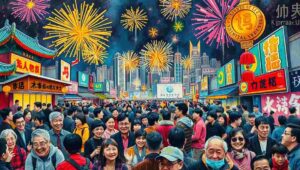 Crowds of spectators watching the fireworks display from the Tsim Sha Tsui waterfront promenade.