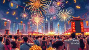 Close-up of colourful fireworks bursting over the Hong Kong skyline with the iconic Bank of China tower visible.