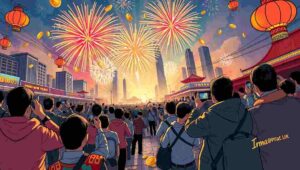 Wide panoramic view of Victoria Harbour filled with fireworks reflections on the water at night.