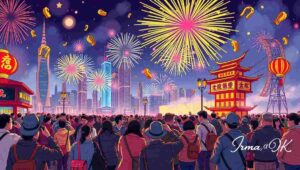 Families and tourists taking photos of the fireworks with the illuminated Hong Kong skyline behind them.