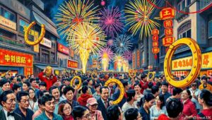 Red and gold fireworks forming horse-shaped patterns in the night sky above Hong Kong.