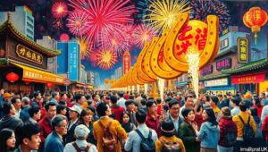 Chief Executive John Lee addressing the crowd with the fireworks display visible behind him.