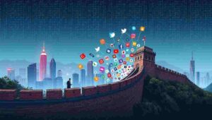 Satirical image of Communist Party surveillance and digital propaganda apparatus