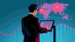 Satirical illustration of ChatGPT being used by Chinese state operatives for influence operations